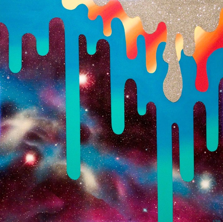 Felipe Pereira Goncalves | nebulous hex, 2011, acrylic and spray paints, glue, and glitter on canvas, 48” x 48”