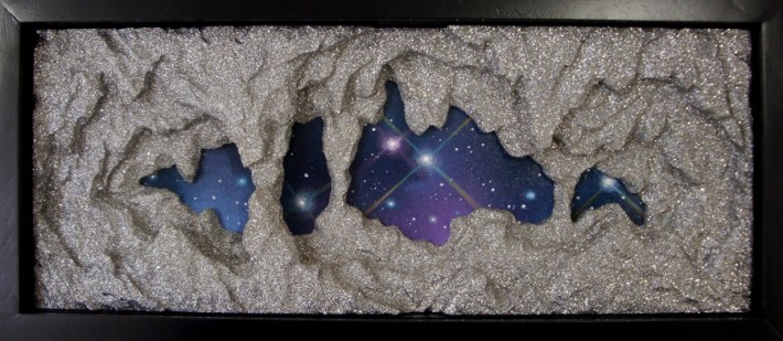 Felipe Pereira Goncalves | 3,720 to 1, wood, paint, paper, high density foam, glue and glitter, 12 x 20 inches. This piece was a study for Felipe’s window installation at Transformer, seen in progress in the studio image below.