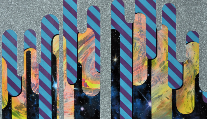 Felipe Pereira Goncalves | space…the unfuckable frontier, 2011, acrylic and spray paints,glue, and glitter on canvas, 32″x 50″