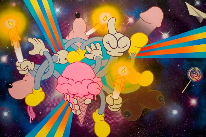 Felipe Pereira Goncalves what we’ll leave behind, 2011, acrylic and spray paints, glue, and glitter on canvas, 48″x 72″