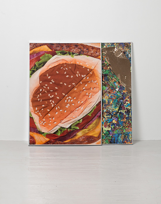 Alex Da Corte. "Coleslaw" | Digitally Printed Hamburger Ottoman Cover, IKEA frames, Borna Sammak’s “Borna Print Burton Jacket”, Bullet Hole Decal, Gold Foil, Mirrors | 2013