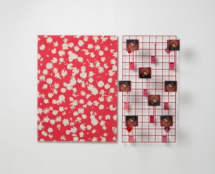 Alex Da Corte. "Velvetteen (Wilson Kelvin McQuaid)" |Kyle Thurman’s Untitled (501 Hudson Street, New York, NY 10014), Metal Gridwall, Janet Jackson’s The Velvet Rope CD’s, Enamel Paint, Display Brackets | 2013