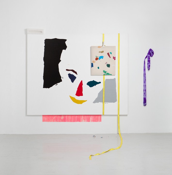 Alex Da Corte. "Big Brothers" | Foam, Fringe, Bleach, Andrew Gbur’s “Untitled”, Ratchet Strap, Sean Fitzgerald’s “16 Colors”, Leggings, Plastic Grapes, Broken Christmas Ornament | 2013