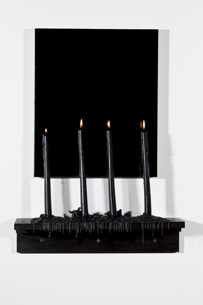 “Vincent Como, Paradise Lost 004” 2011-present. Oil on linen, with wood, wax, and fire. 26.25 x 20 x 5.5 inches