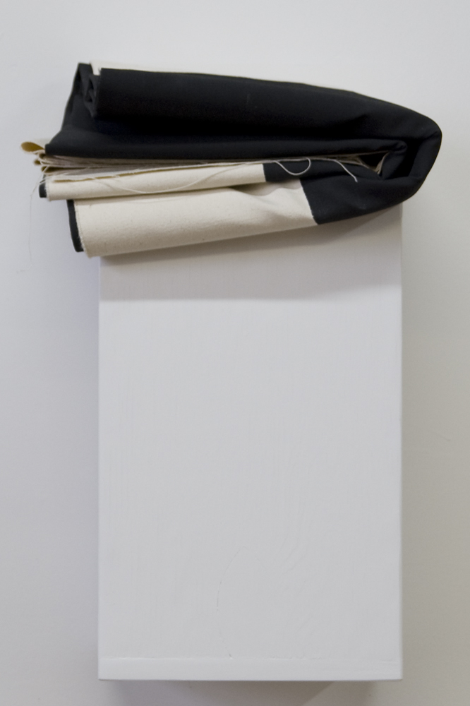 “The Temptation to Exist 001” 2013. Acrylic on Canvas with Wooden Shelf. 15 x 15 x 21inches