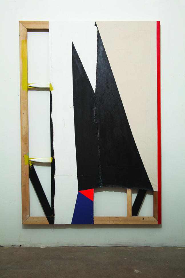 “Dose Fodder” 2011. Wood, canvas, thread, acrylic paint, latex paint. 69 x 47 inches