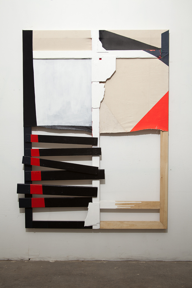 “Glow Boy” 2011. Wood, canvas, thread, acrylic paint, found cloth, found wood. 66 x 48 inches