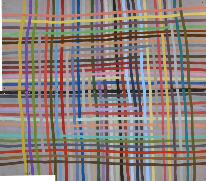 Alicia McCarthy | Untitled (Weave), 2014. Gouache and latex paint on found wood. 49.5" x 43". Image courtesy of Johansson Projects and the artist 