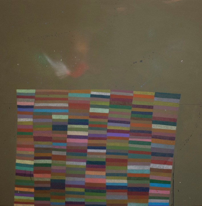 Alicia McCarthy | Untitled (5), 2014. Crayon, spray paint and latex paint on found wood. 4' x 4'. Image courtesy of Johansson Projects and the artist 