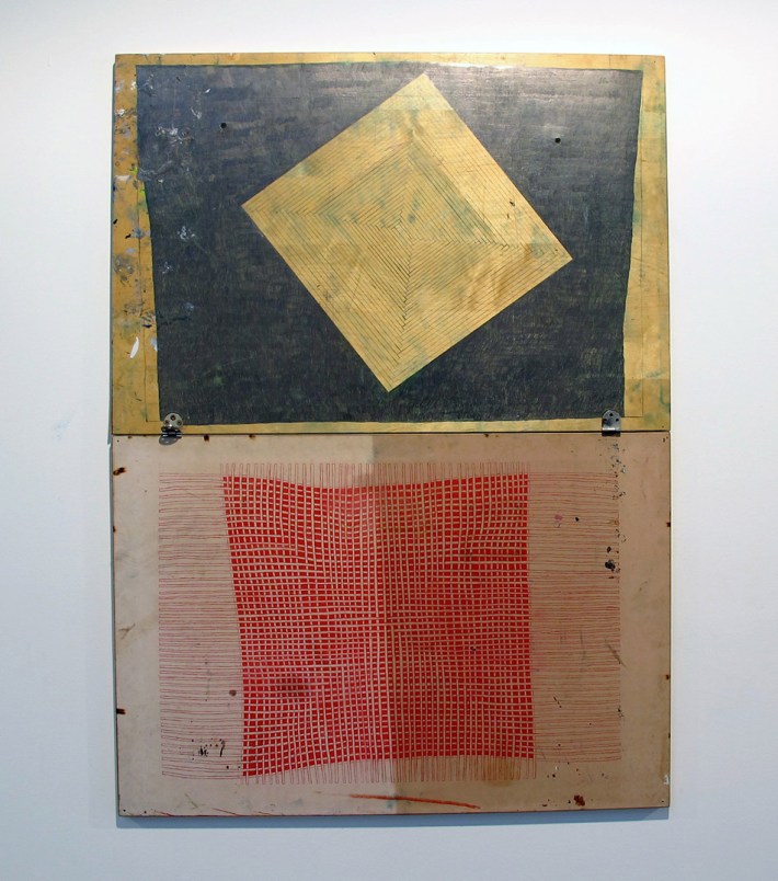 Alicia McCarthy | Untitled (4), 2013. Liquid pencil, color pencil on found wood. 36" x 49". Image courtesy of Johansson Projects and the artist 